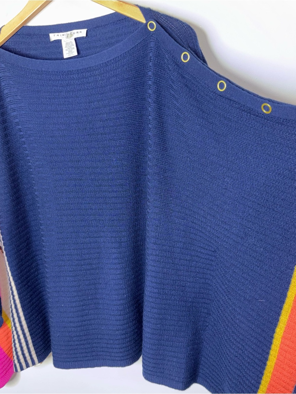 Trina Turk Chic Wrap Pullover Sweater Poncho Blue Knit Stripes and Gold Buttons - Picture 10 of 13